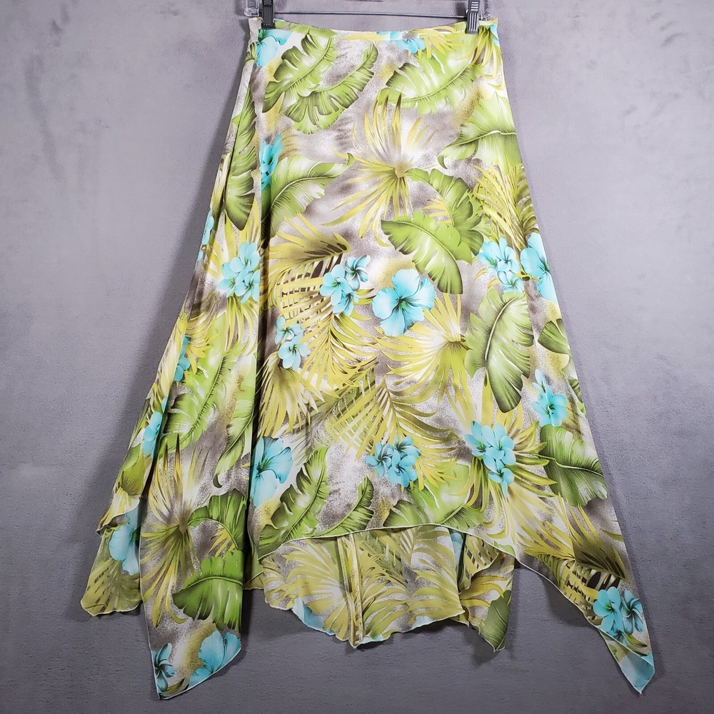 Y2K Midi Skirt Womens 6 Green Blue Floral Silk Asymmetrical Hem Fairy Coquette